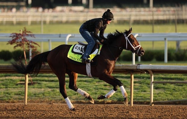 Fierceness runs on the track during morning training for the Kentucky Derby at Churchill Downs on May 1, 2024, in Louisville, Kentucky. 