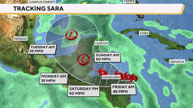 Map shows the forecast path for Tropical Storm Sara 